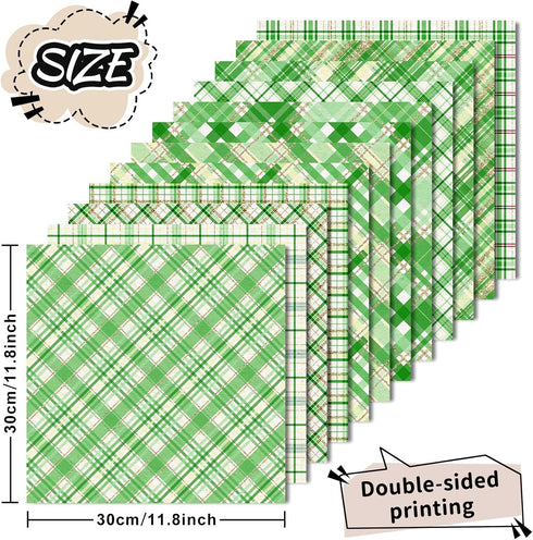 24 Sheet St. Patrick's Day Pattern Paper Green Scrapbook Stripe Plaid Dot 11.8 x 11.8 Inch Double Sided Decorative Craft Paper Folded Flat For DIY...