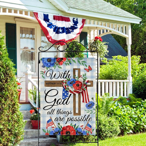 With God All Things are Possible July 4th Patriotic Decorative House Flag, American Religious Cross Anemone Flower Home Yard Garden Outdoor Decor,...