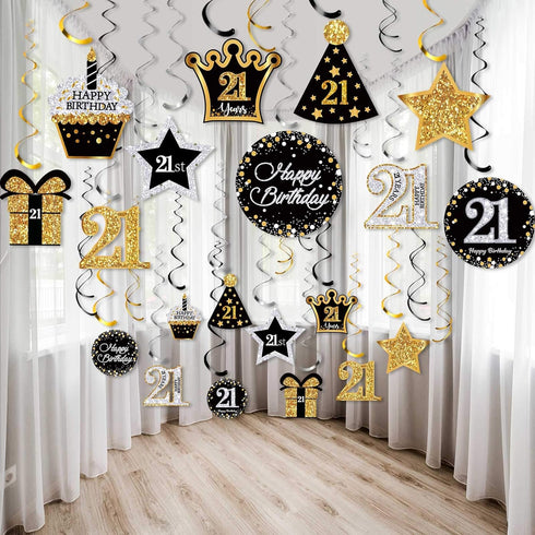 30 Pieces 21st Birthday Party Decorations, 21st Birthday Party Decorative Cards and Hanging Swirls Ceiling Decorations Shiny Celebration Hanging S...