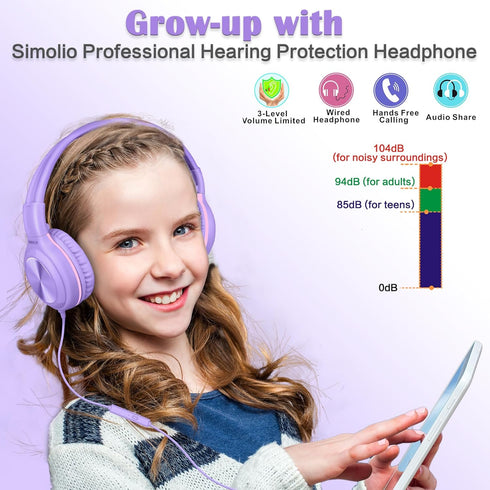SIMOLIO Wired Headphones for Kids, Girls School Headphone with Microphone & Safe Volume Limiter & Shareport, Foldable Adjustable Over Ear Headsets...