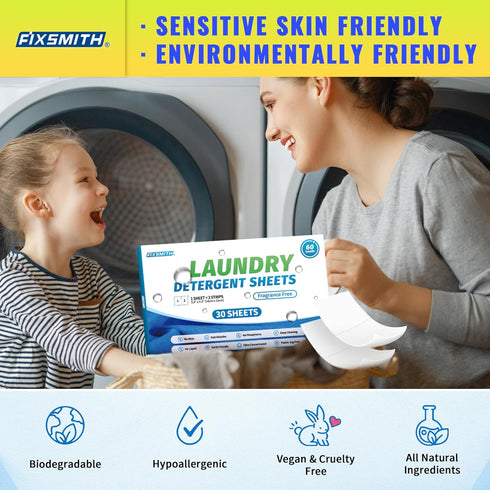 FIXSMITH Laundry Detergent Sheets - 60 Loads (30 Sheets) Fragrance Free - Hypoallergenic,Unscented,Eco Friendly Laundry Detergent Strips Concentra...
