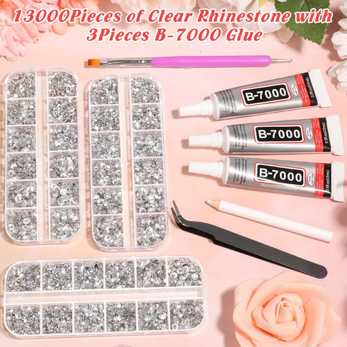Rhinestones B7000 Glue with 14000Pcs Silver Diamonds for Crafts, Fabric Gem Glue Rhinestones Kit ss6-ss20 with Dotting Tools Clear Rhinestone for ...