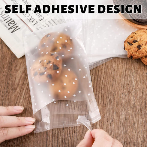 200PACK Self Adhesive Cookie Bags Cellophane Treat Bags Thank You for Gift Giving Candy with Stickers(White Polka Dot, 5.5x5.5 INCH)...
