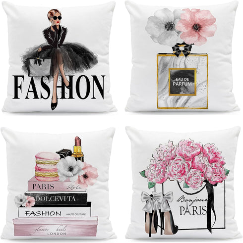Set of 4 Pink Throw Pillow Covers 18x18 Fashion Cute Decorative Pillow Covers Bed Sofa Couch Pillow Covers Pink Flower Gold Perfume Lipstick Paris...