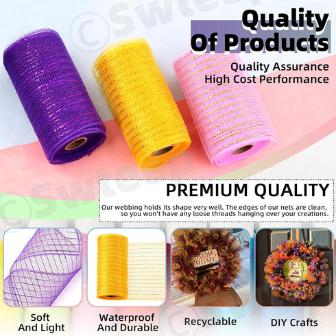 Swpeet 3 Rolls 6 Inches Mesh Ribbon Glitter Metallic Wrapping Ribbon Kit, Glitter Tulle Fabric Spool Ribbon Metallic Foil Mesh Ribbon for DIY Proj...