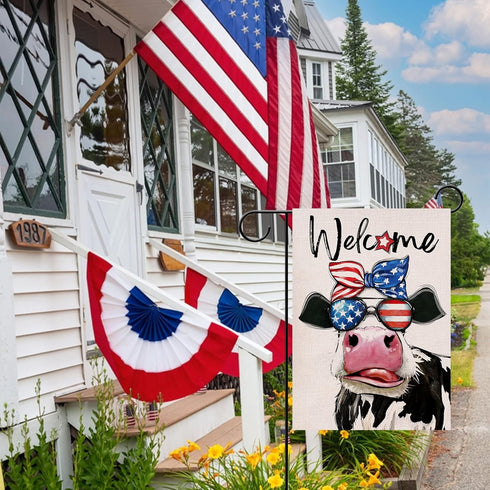 Welcome 4th of July Patriotic Cow Small Decorative Garden Flag, Stars Stripes America USA Memorial Day Farmhouse Yard Outside Decor, American Summ...
