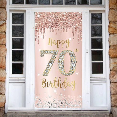 70th Birthday Door Banner Decorations for Women, Pink Rose Gold Happy 70th Birthday Door Cover Backdrop Party Supplies, Large Seventy Year Old Bir...