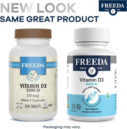 FREEDA Vitamin D3-2000 IU - Pure High Potency Kosher Supplement Tablets - Bone and Muscle Health, Calcium Absorption, Immune Support for Men and W...