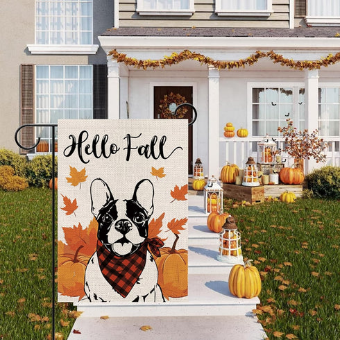 Hello Fall Garden Flag Boston Terrier Dog Pumpkins Double Sided Vertical Seasonal Autumn Outdoor Yard Lawn Decorations 12.5 x 18 Inch...