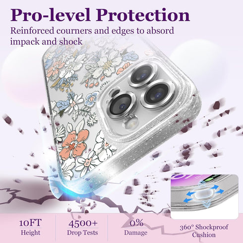 Compatible for iPhone 14 Pro Max Case Cute Aesthetic - Glitter Clear Phone Case with Camera Protector - Lovely Flowers Cover with Wrist Strap Desi...