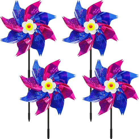 timecity 4 PCS Pinwheels Rose Red & Dark Blue Wind Spinners 9.5inch Sparkly Garden Pinwheel Reflective Windmills Scare Birds Animal Away Spinner f...