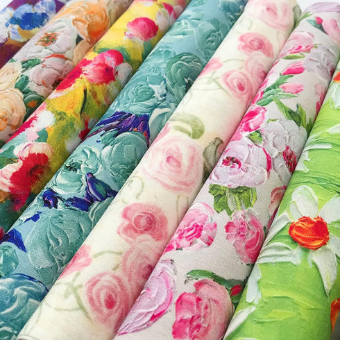 7 Pcs Oil Painting Flower Fat Quarters Fabric Bundles Quilting Fabric Bundle Patchwork for Sewing Quilting and Crafting (18x22 inch)...
