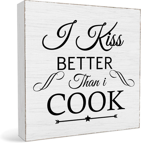 5 x 5" I Kiss Better Than I Cook White Wood Block Plaque Box Signs, fit Kitchen Cooking Wood Box Sign, Home Living Room Trestle Table Decoration -...