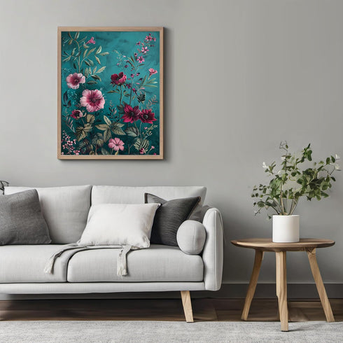 Posterizer 1 pcs-dainty wild pink flowers with blue background-Floral & Botanical Art-Abstract & Modern Art-Decor for Home & Office- UNFRAMED Wall...