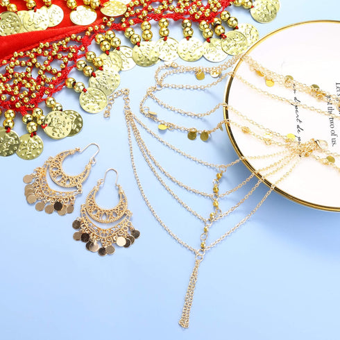 ORAZIO 4 Sets Women's Belly Dance Accessories,Belly Dance Hip Scarf Wrap Belt,Bohemian Gold Coin Drop Earrings Headpiece Small Coins Hair Chain Ta...
