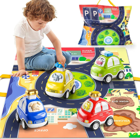 TEMI 4PCS Inertia Animal Car Toys with Play Mat/Storage Bag for Toddlers Toy Age 1-3, Baby Toys 1 2 3 Years Old Boys Birthday Newborn Gifts...