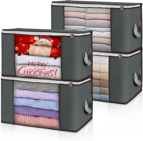 Large Storage Bags, 4 Pack Clothes Storage Bins Foldable Closet Organizers Storage Containers with Durable Handles Thick Fabric for Blanket Comfor...