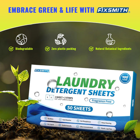 FIXSMITH Laundry Detergent Sheets - 100 Loads (50 Sheets) Fragrance Free - Hypoallergenic,Unscented,Eco Friendly Laundry Detergent Strips Concentr...