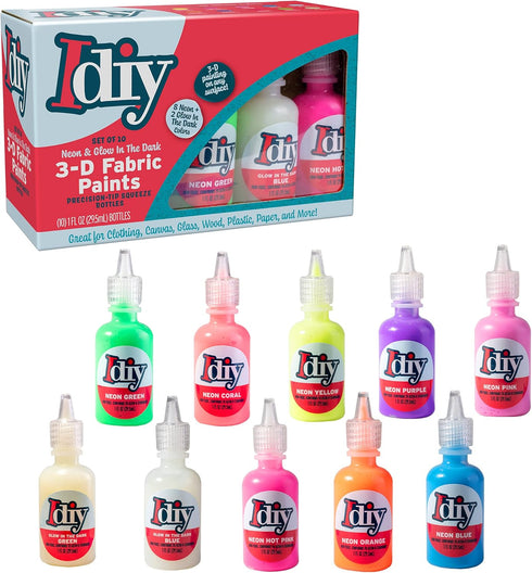DIY Fabric Paints (Set of 10 Colors)-8 Neon & 2 Glow in the Dark (1oz ea) Bright 3D Clothing Paint, Non-Toxic Water-Based, Classroom, Kids Birthda...