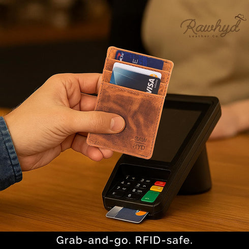 RAW HYD Men's Full-Grain Leather Slim Wallet with Money Clip - RFID Blocking, 5 Card Sleeves, Holds 15 Bills, Compact & Durable - Reddish Brown...