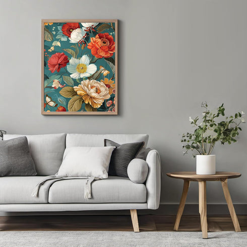 Posterizer 1 pcs-beige-white orange flowers-blue background-Floral & Botanical Art-Abstract & Modern Art-Decor for Home & Office- UNFRAMED Wall Ar...