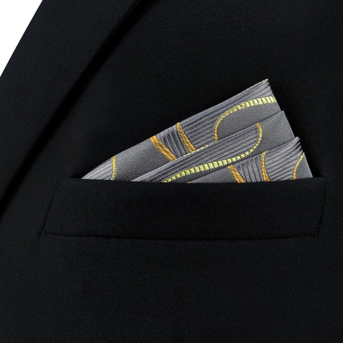 S&W SHLAX&WING Mens Pocket Square Grey with Yellow Golden Geometric Wedding...
