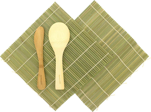 BambooMN Sushi Making Kit 2x Green Bamboo Rolling Mats, 1x Rice Paddle, 1x Spreader | 100% Bamboo Mats and Utensils...