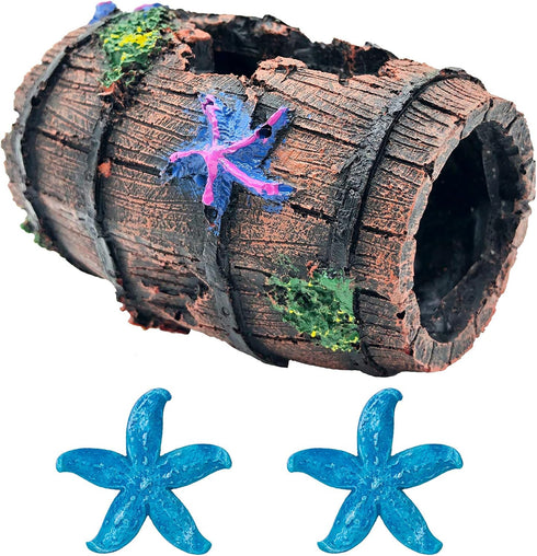 GSD Star-Fish Broken Barrel Decor Resin Betta Fish Tank Accessories Ornaments for Fish Cave Hide Tank Decorations, Broken Barrel x 1pc, Blue Star ...