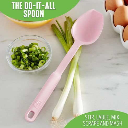 GreenLife Cooking Tools and Utensils, Silicone Spoon for Scooping Scraping and Mixing, Heat and Stain Resistant, Dishwasher Safe, Soft Pink...