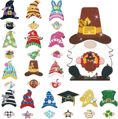 Juexica 32 Pcs Magnetic Diamond Painting Interchangeable Standing Posture Gnome Decor DIY Seasonal Gnome Sign Holiday Tiered Tray Decoration with ...