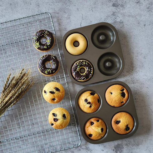 Muffin Pan 4 Cup and Donut Molds Bakeware set of 2,Make Perfect Bagels and Standard Cupcake Pan for Baking,Premium Nonstick Muffin Tin and Donut p...