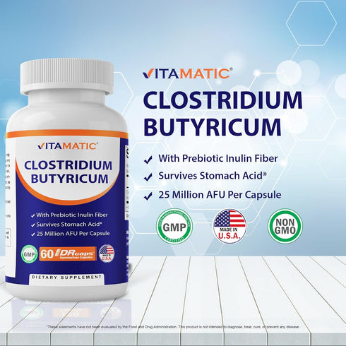 Vitamatic Clostridium butyricum 25 Million - Gut Health - 60 DR Capsules (Delayed Released) - Made with Prebiotic Inulin Fiber...