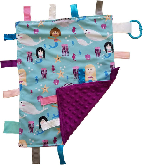 Baby Sensory, Security & Teething Closed Ribbon Tag Lovey Blanket with Minky Dot Fabric: 14”X18” (Mermaids and Narwhals)...
