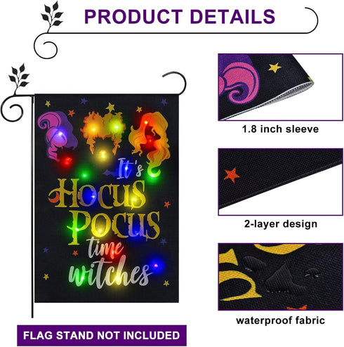 Solar Lighted Halloween Garden Flag It's Hocus Pocus Time Witches Flags for Garden Patio Lawn Outside Halloween Decorations Garden Decor (Hocus Po...