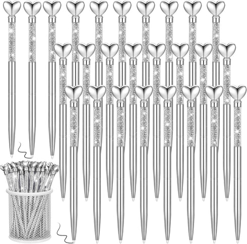 Hushee 24 Pcs Heart Shaped Pens Glitter Retractable Metal Ballpoint with Black Ink Wedding Diamond Crystal Pens Bridal Shower Pens for Wedding Off...