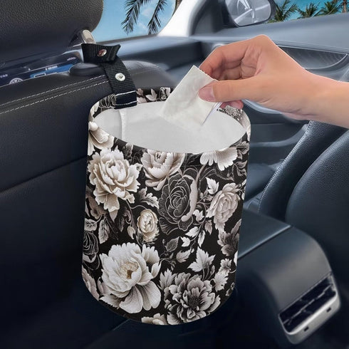 Car Trash Can - Black and White Flowers Printing Garbage Bin Decoration for Car Interior, Front Seat, Back Seat, Floor, Headrest - SUV, Trucks...