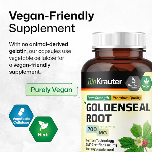BIO KRAUTER Goldenseal Root Capsule 700 mg - 100 Golden Seal Powder Caps - Respiratory & Digestive Support - Vegan, No Fillers...