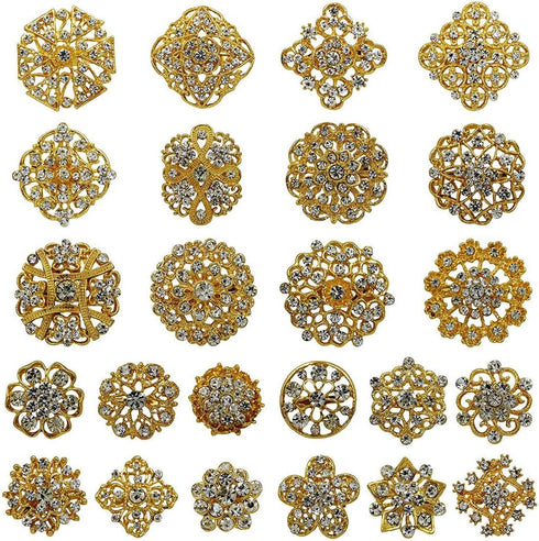 24 pcs Gold Rhinestone Brooch Crystal Brooch Wedding Invitation Cake Decoration Brooch Bouquet Kit Wholesale AMBR680...