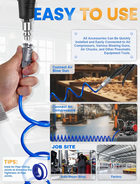25 Feet Repairable EVA Recoil Air Hose, Air Compressor Hose with 1/4" NPT Industrial Universal Quick Coupler and I/M Plug Kit, 200PSI Max Air Tool...