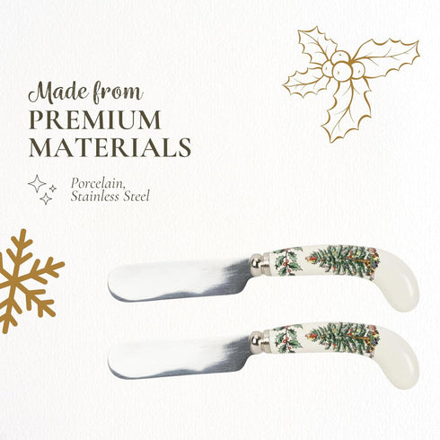 Spode Christmas Tree Cheese Spreaders (Set of 4) - 4.75" Stainless Steel Butter Knife with Porcelain Handle for Jam, Pastry, Butter Knife - Holida...