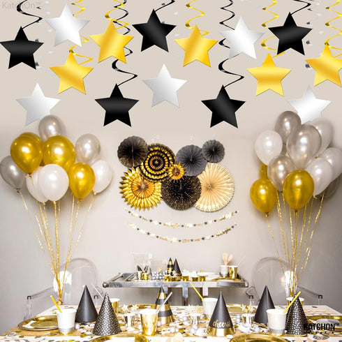 KatchOn, Black Gold and Silver Star Hanging Swirls- Pack of 30,No DIY | Black and Gold Party Decorations | Graduation Decor Class of 2025 | Gradua...