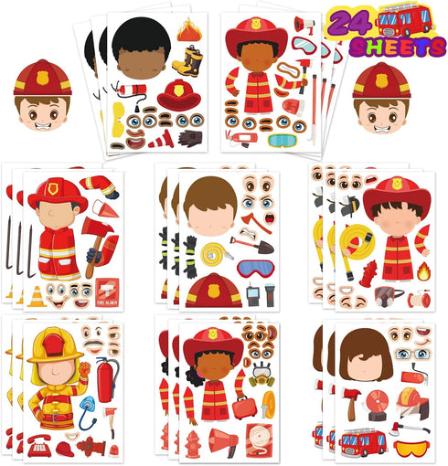 24 Sheets Firefighter Stickers for Kids, Make-a-face Fireman Stickers Sheets, Fireman Themed Sticker Party Favor Supplies Craft School Fire Educat...