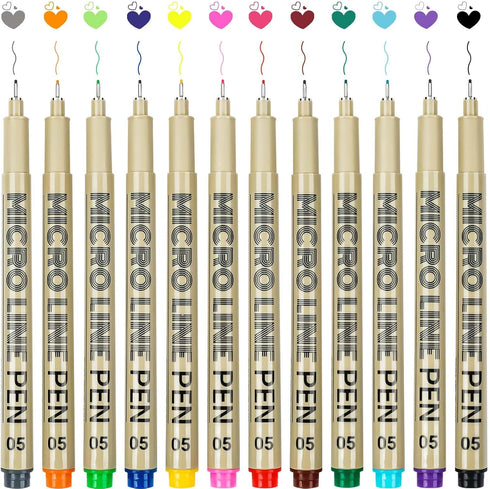12 Colors 05 Micro Fineliner Drawing Art Pens, Waterproof Archival Ink Pens, 0.45mm Multiliner Fine Liner Pens for Illustration Technical Sketchin...