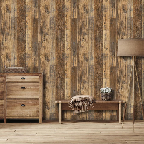 TANONE Brown Wood Peel and Stick Wallpaper 11.8" X 197" Self Adhesive Removable Decorative Film Wood Grain Wallpaper for Wall Covering Furniture C...