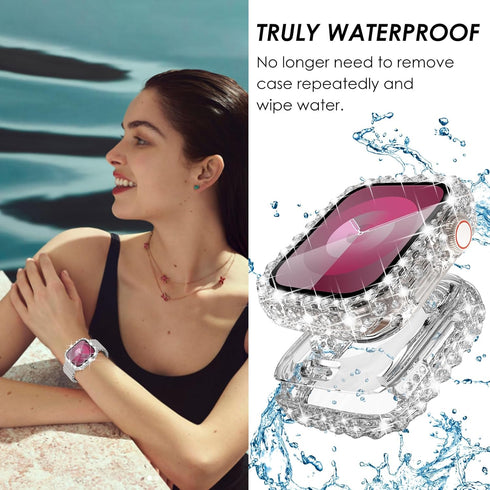 Surace 2 in 1 Waterproof Bling Case Compatible for Apple Watch Series 6 5 4 SE 40mm Screen Protector, Lace Edge Diamond Protective Bumper Face Cov...
