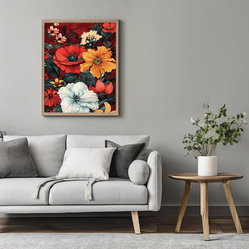 Posterizer 1 pcs-bright red and yellow flowers-red background-Floral & Botanical Art-Abstract & Modern Art-Decor for Home & Office- UNFRAMED Wall ...
