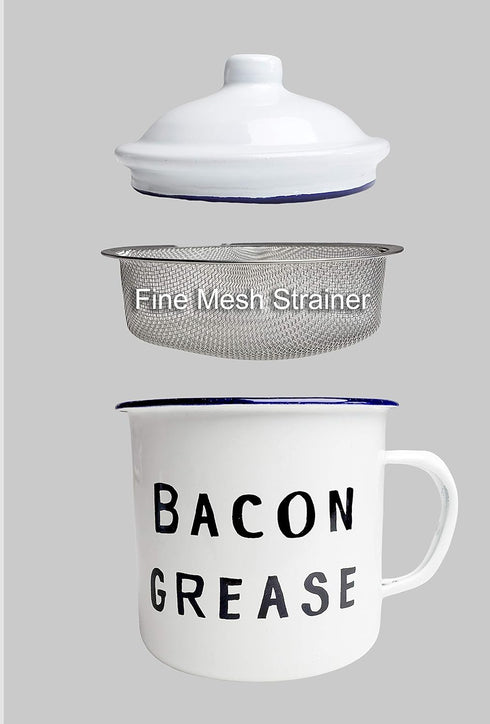 Golden Hills Mercantile Bacon Grease Saver with strainer - rustic mid-century modern farmhouse design, white enamel on metal, 4 inch x 4 inch vint...