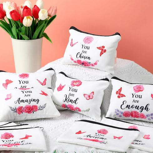Hillban 10 Pcs Inspirational Gifts Bulk Cosmetic Bag for Women Employee Appreciation Gifts, You Are Amazing Loved Green Leaves Makeup Bags(Butterf...