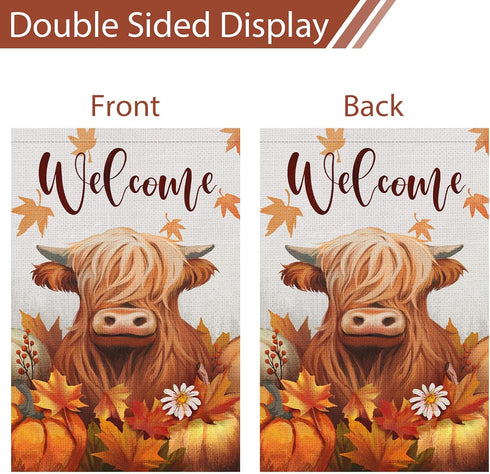 Welcome Fall Highland Cow Garden Flag 12x18 Inch Double Sided Burlap, Farmhouse Pumpkins Cow Yard Decor Seasonal Flowers Porch Flag for Rustic Aum...