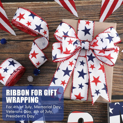 Xunyee 2 Rolls 20 Yards Red White Blue Ribbon Independence Day Stars Wired Edge Ribbon Fabric Patriotic Flag 4th of July Patriot Day Labor Day Rib...